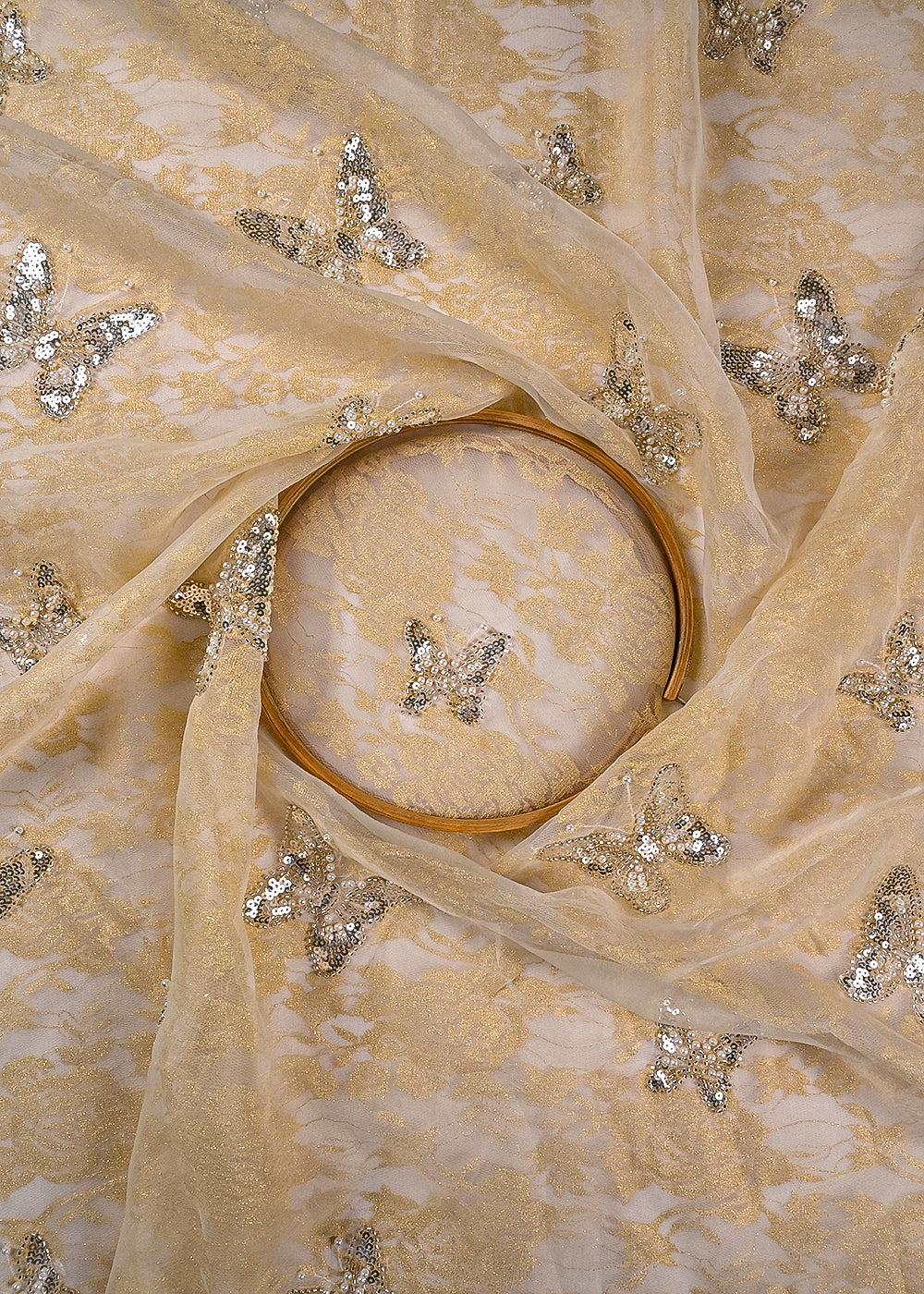 Yellow Organza & Sandlin Lace Fabric With All Over Sequins And Bead Work 24151