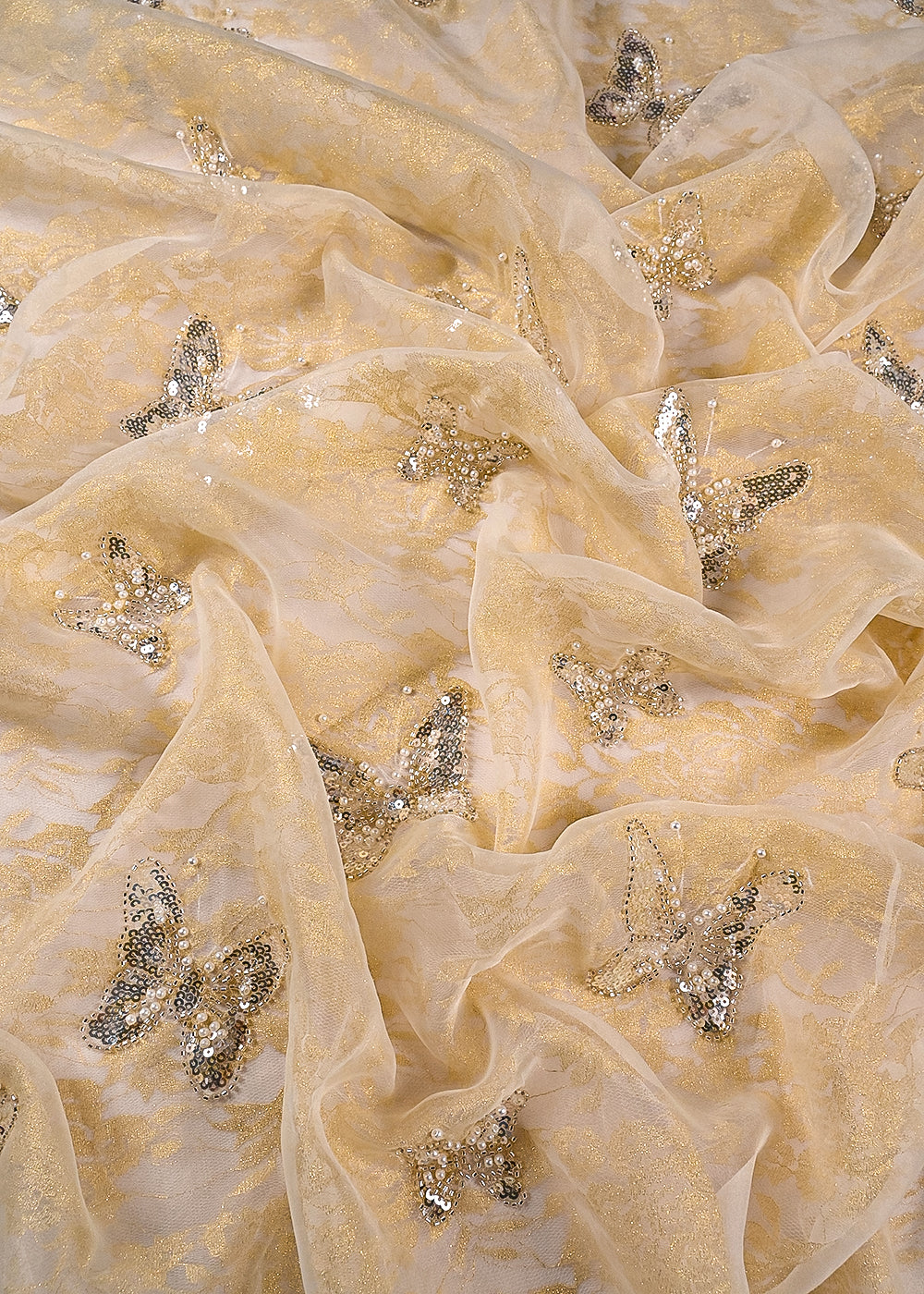 Yellow Organza & Sandlin Lace Fabric With All Over Sequins And Bead Work 24151
