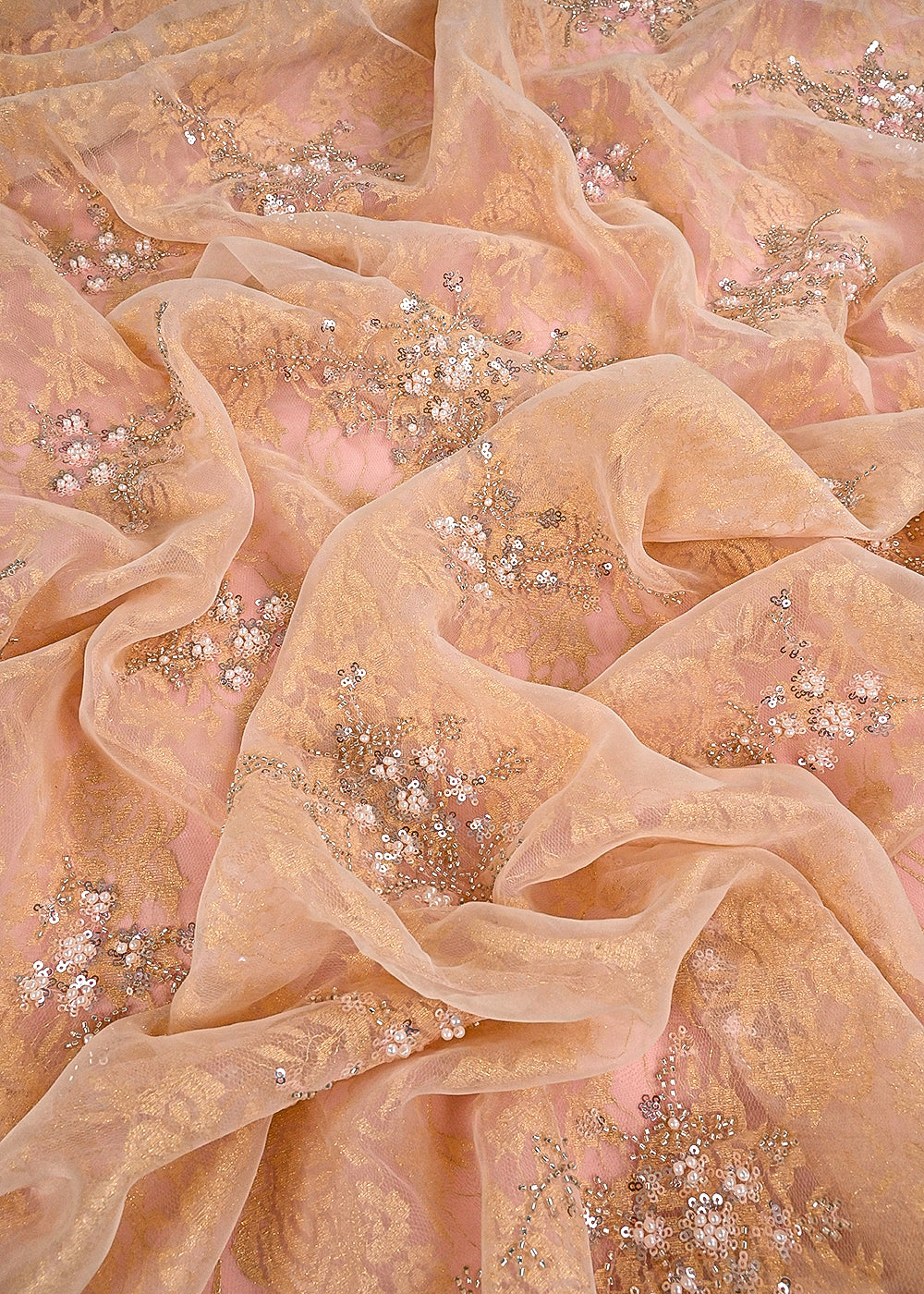 Peach Organza & Sandlin Lace Fabric With All Over Sequins And Bead Work 24153