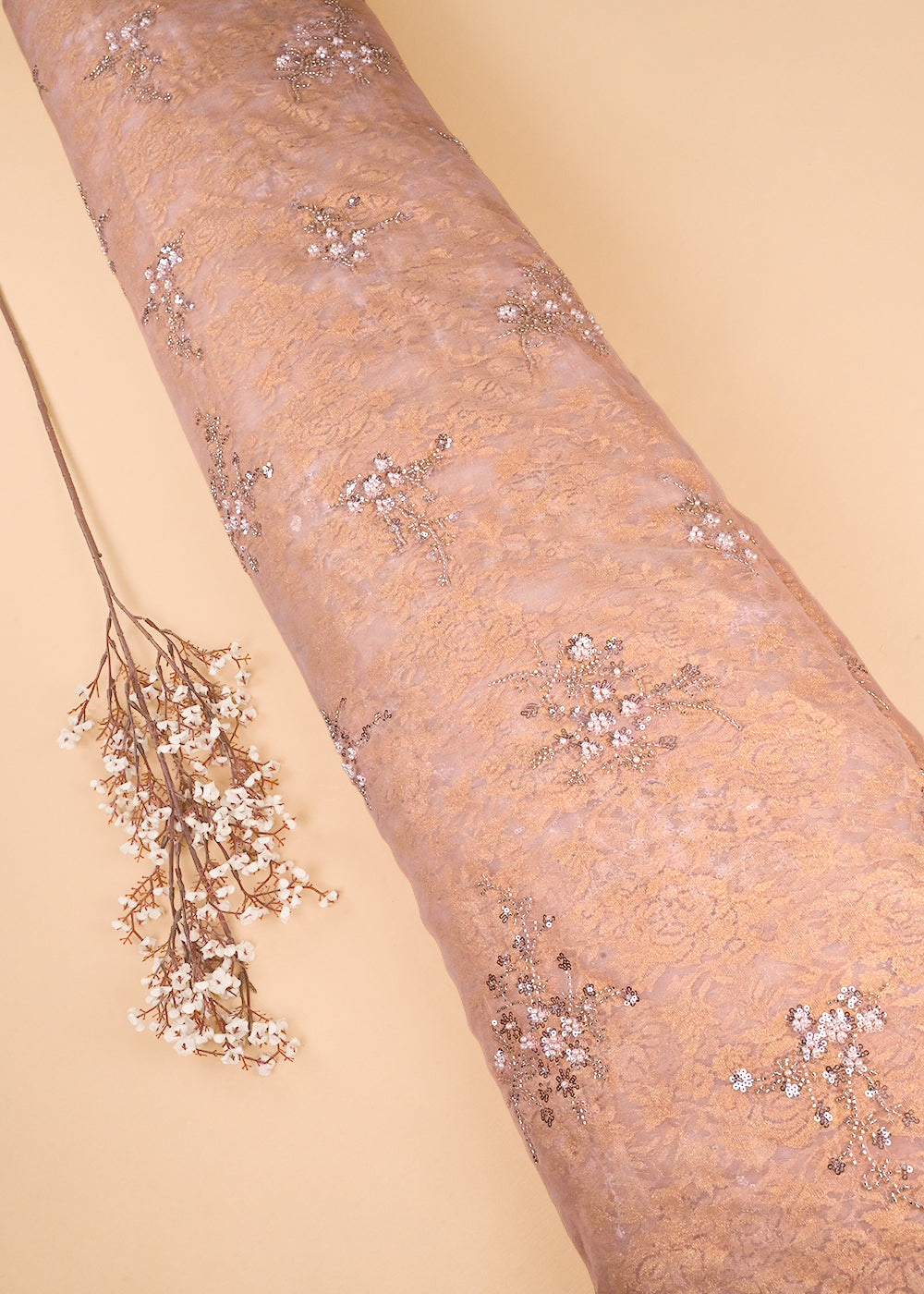 Peach Organza & Sandlin Lace Fabric With All Over Sequins And Bead Work 24153
