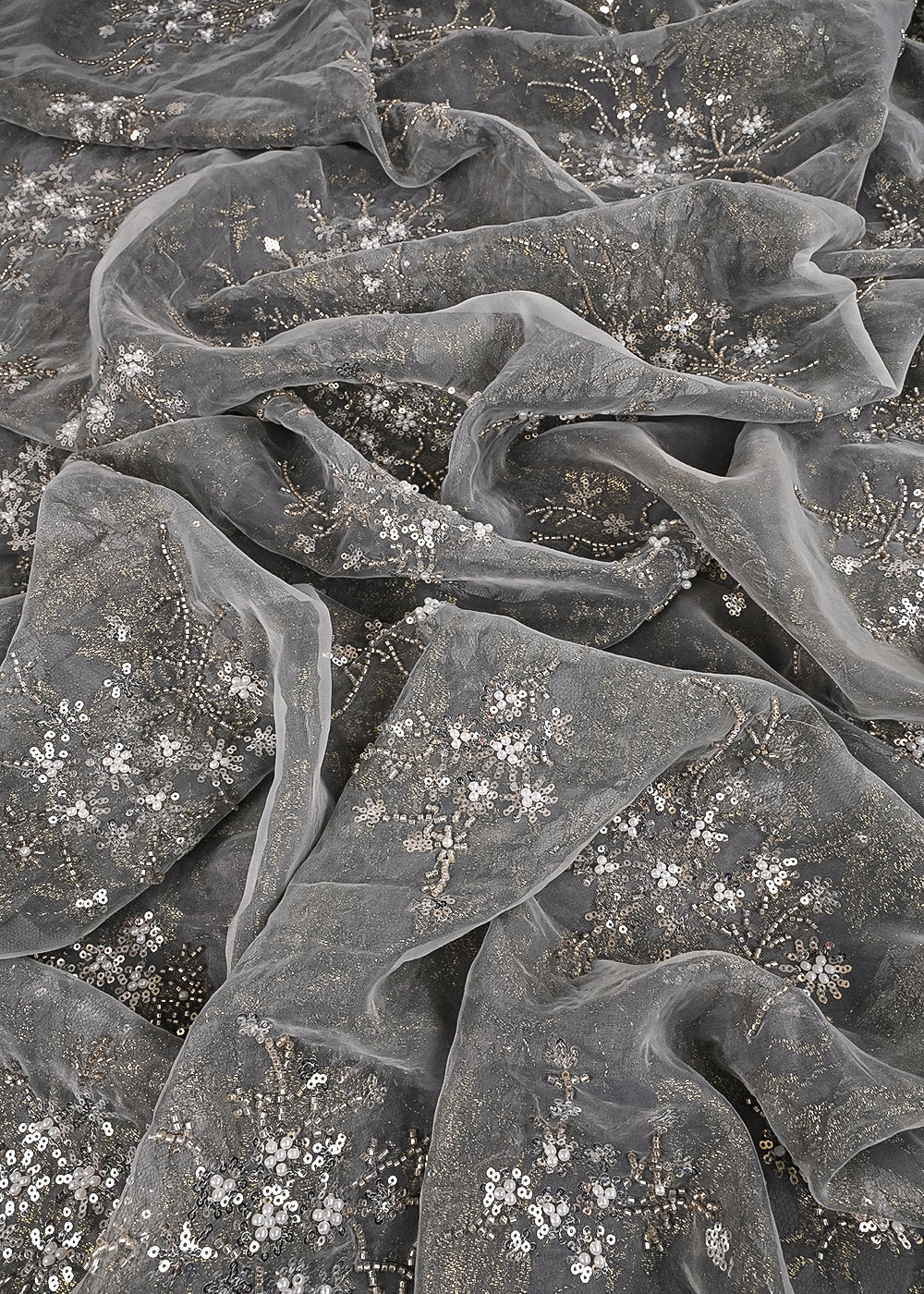 Grey Organza & Sandlin Lace Fabric With All Over Sequins And Bead Work 24154