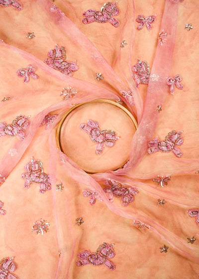 Pink Organza Fabric With All Over Bead And Katdana With Ribbon Work 24158