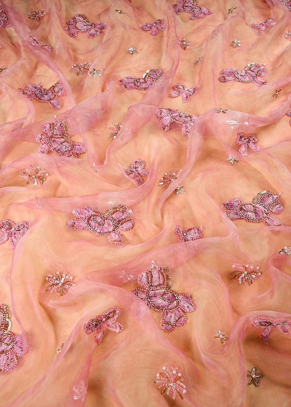Pink Organza Fabric With All Over Bead And Katdana With Ribbon Work 24158