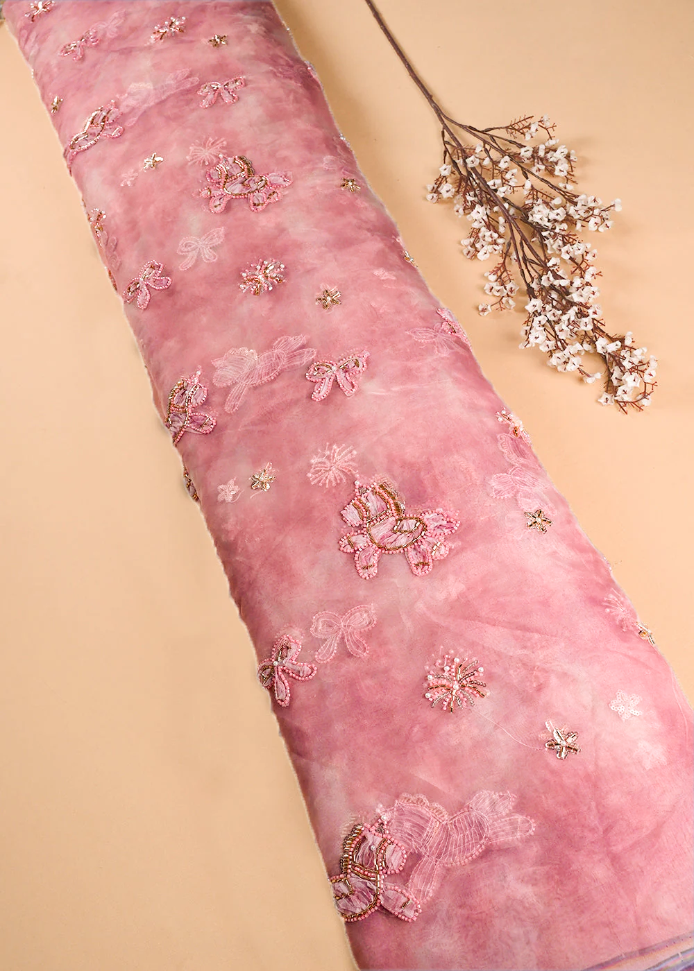 Pink Organza Fabric With All Over Bead And Katdana With Ribbon Work 24158