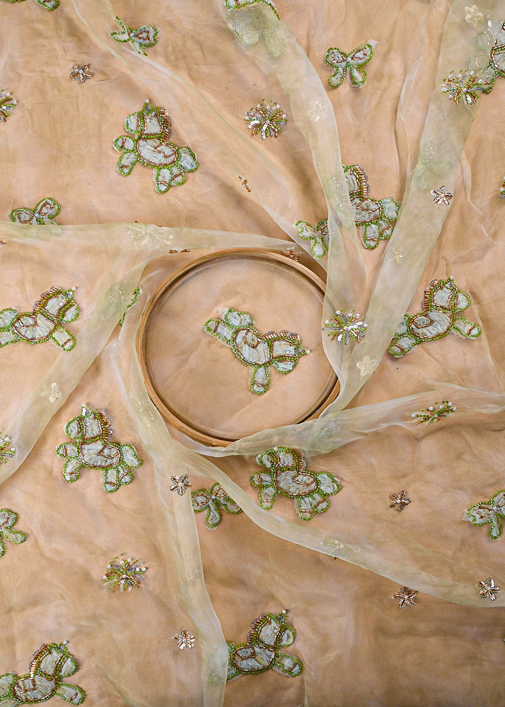 Pista Green Organza Fabric With All Over Bead And Katdana With Ribbon Work 24159