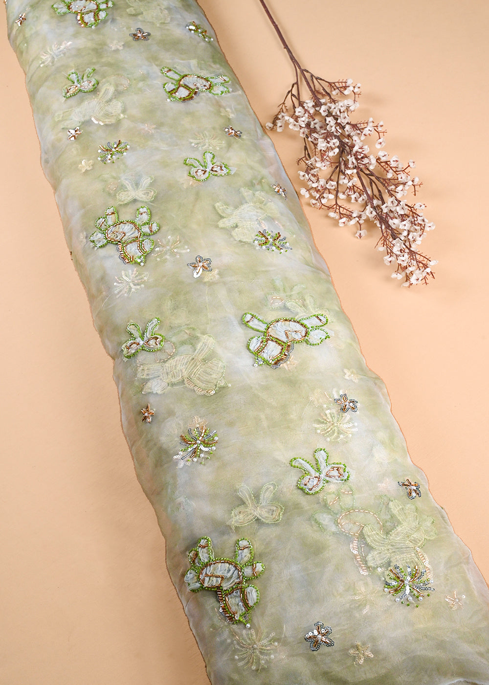 Pista Green Organza Fabric With All Over Bead And Katdana With Ribbon Work 24159