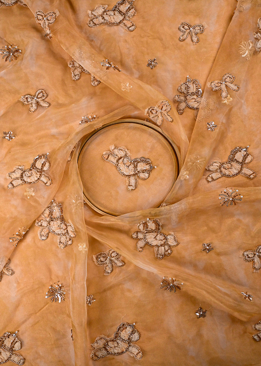 Rust Orange Organza Fabric With All Over Bead And Katdana With Ribbon Work 24160