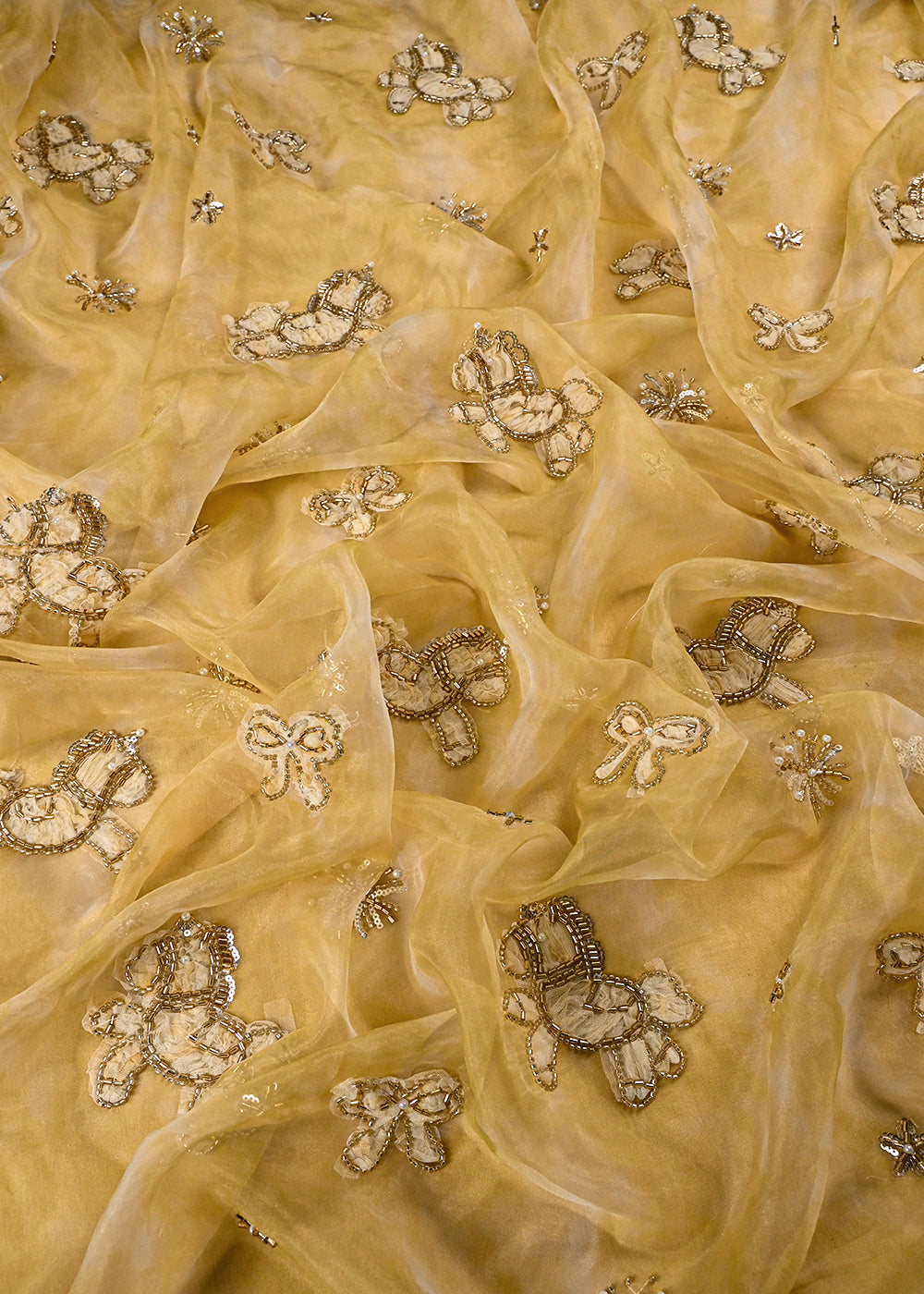 Mustard Organza Fabric With All Over Bead And Katdana With Ribbon Work 24160