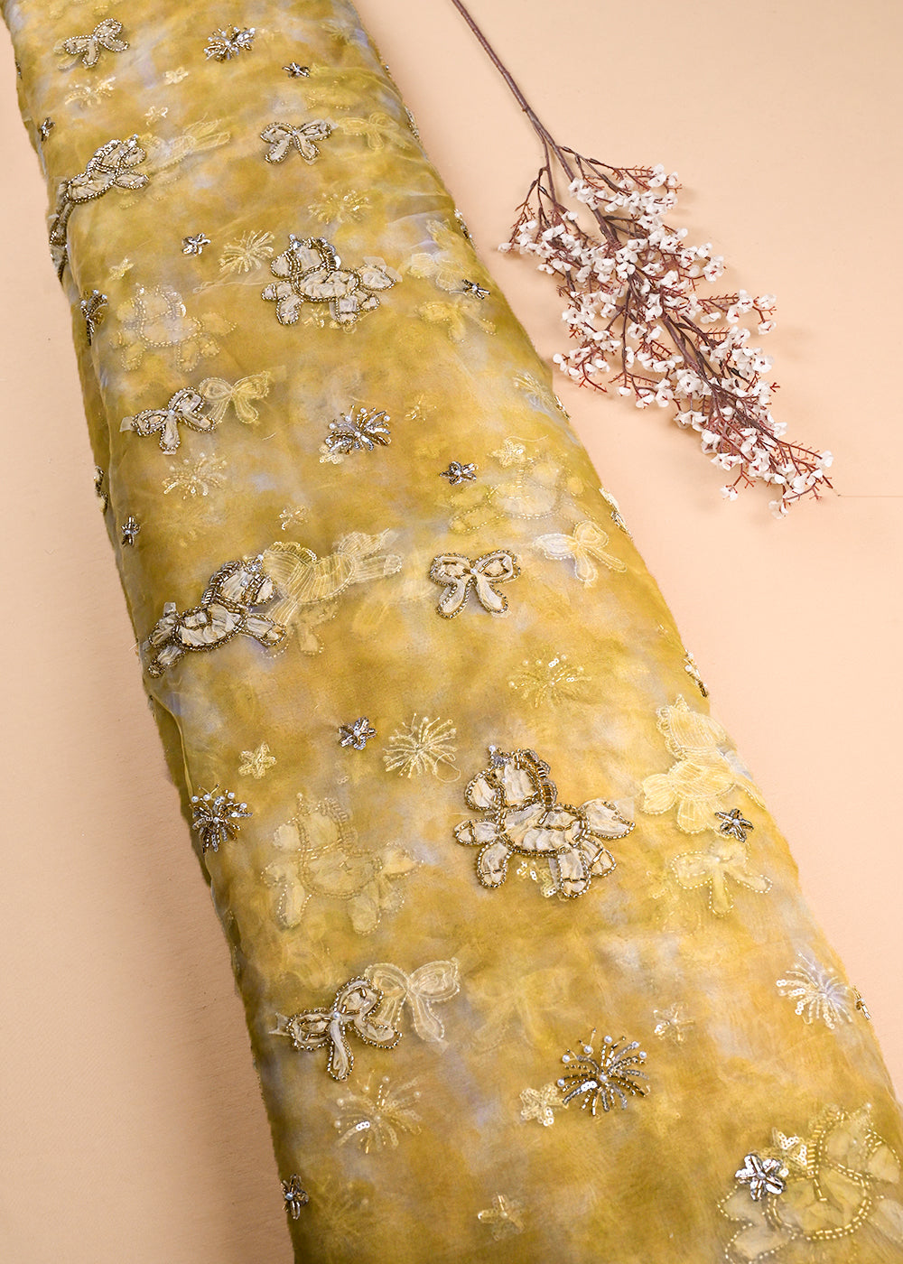 Mustard Organza Fabric With All Over Bead And Katdana With Ribbon Work 24160