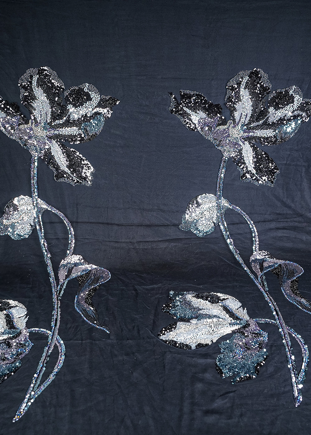Black Net Fabric With All Over Sequins, Katdana, Bead And Patch Work 24164