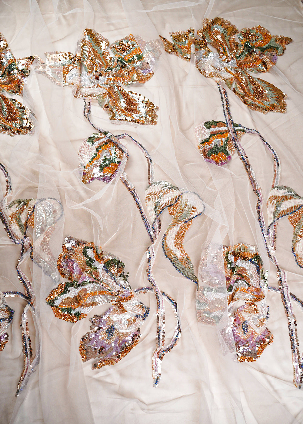 Light Gold Net Fabric With All Over Sequins, Katdana, Bead And Patch Work 24165