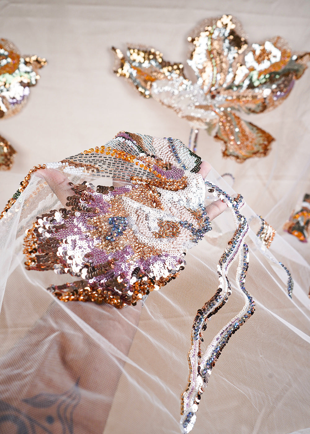 Light Gold Net Fabric With All Over Sequins, Katdana, Bead And Patch Work 24165
