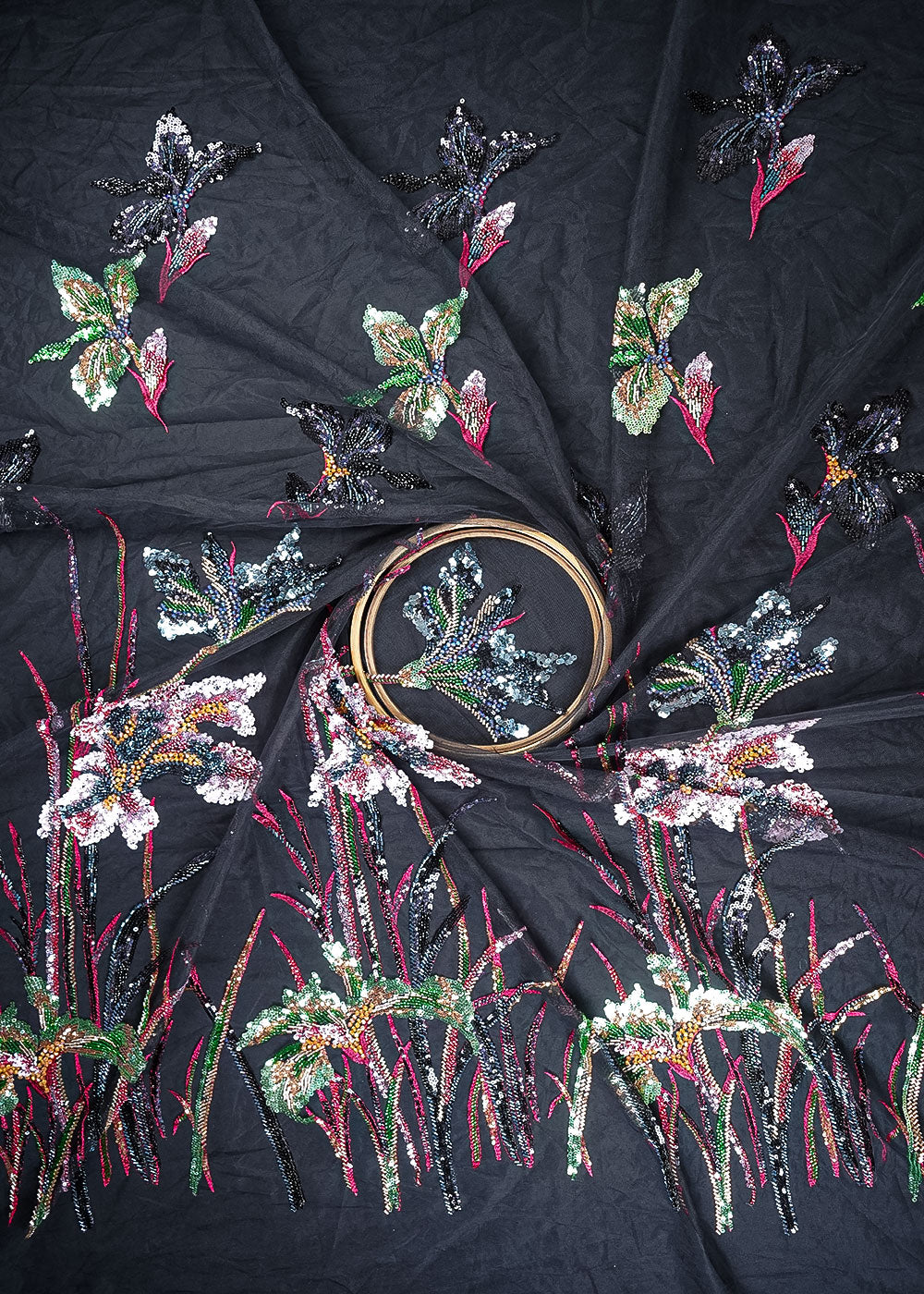 Black Imported Net Fabric With All Over Sequins, Katdana, Bead Work With One Side Heavy Border 24167