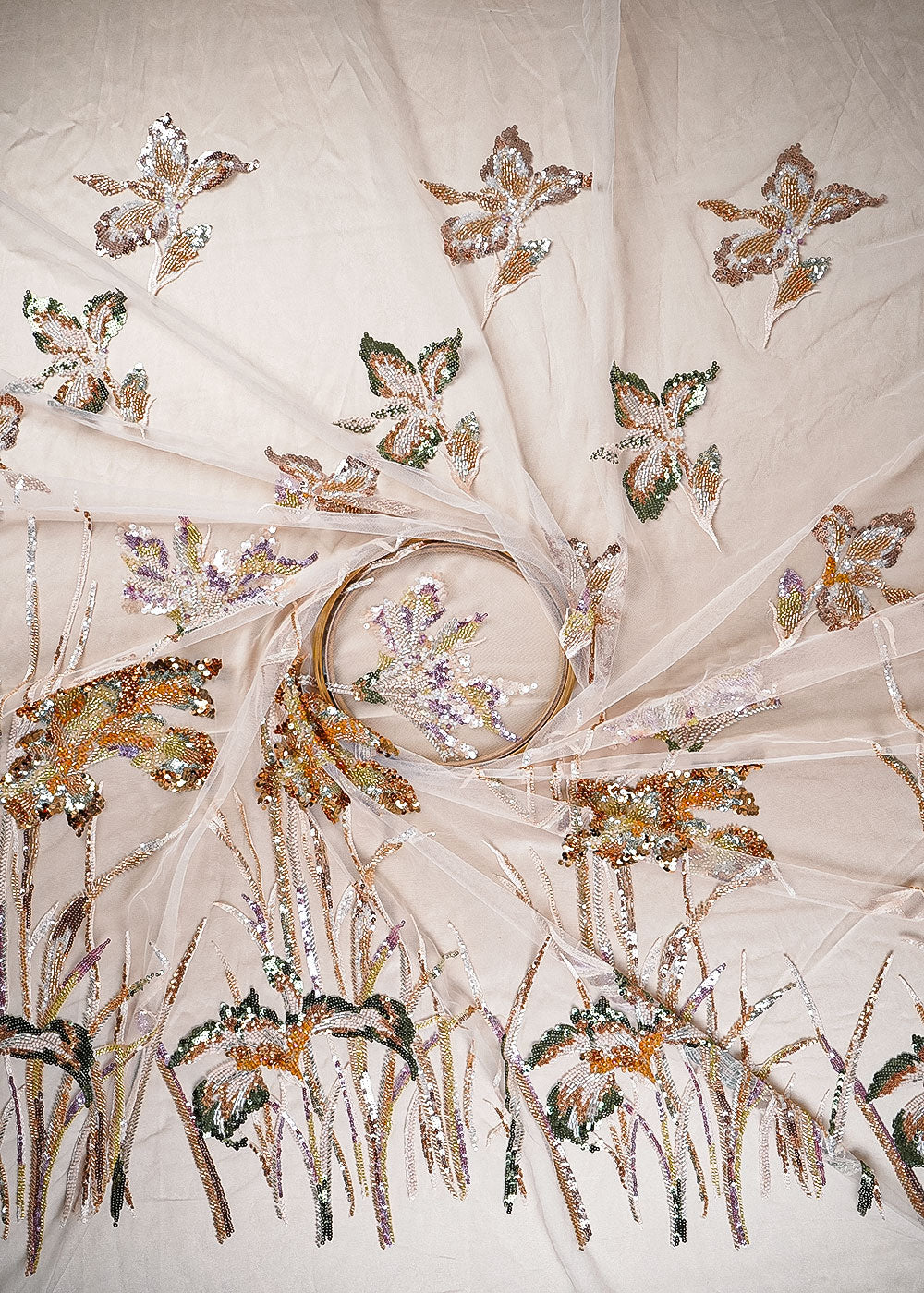 Light Gold Imported Net Fabric With All Over Sequins, Katdana, Bead Work With One Side Heavy Border 24169