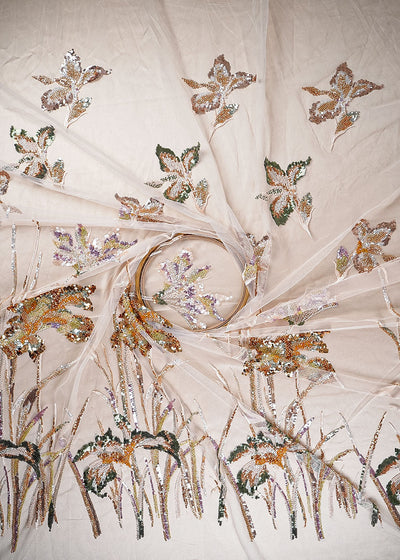 Light Gold Imported Net Fabric With All Over Sequins, Katdana, Bead Work With One Side Heavy Border 24169