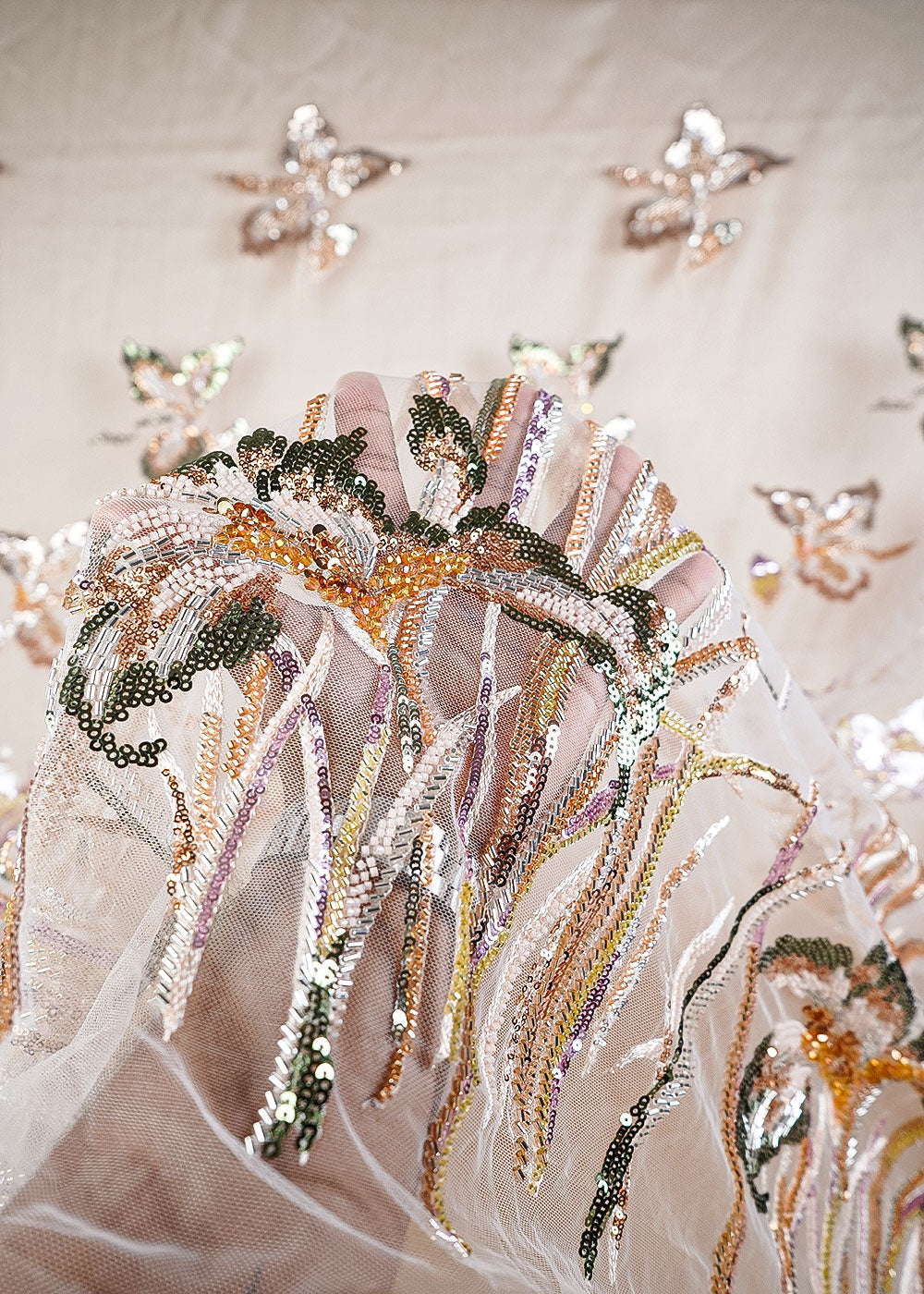 Light Gold Imported Net Fabric With All Over Sequins, Katdana, Bead Work With One Side Heavy Border 24169