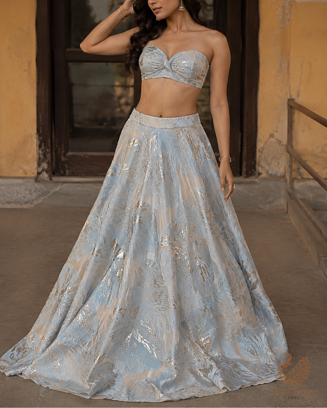 Powder Blue Imported Jacquard Fabric With All Over Foil Work 24175