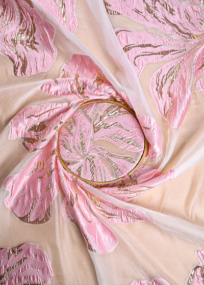 Peach Pink Imported Jacquard Fabric With All Over Foil Work 24179