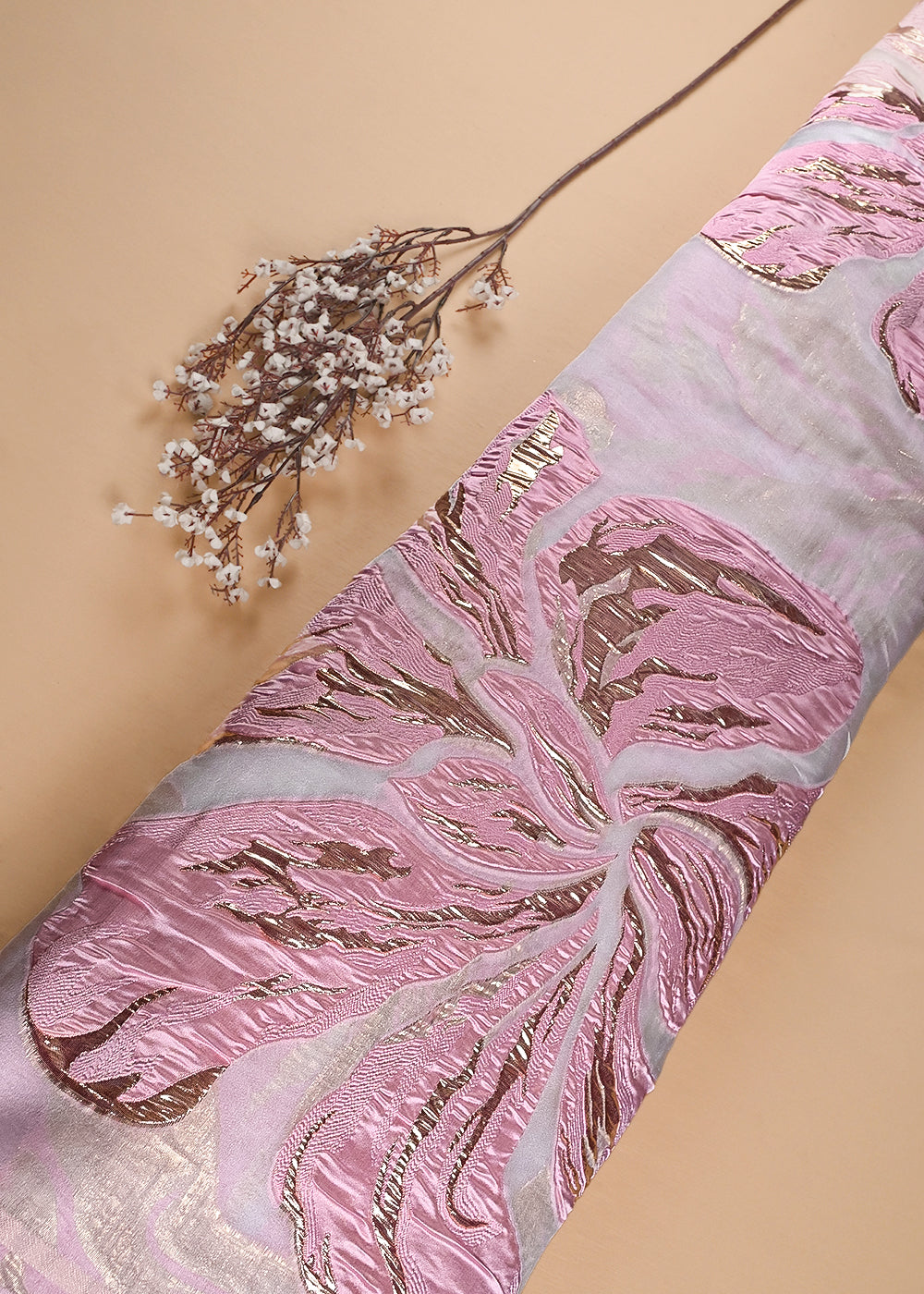 Peach Pink Imported Jacquard Fabric With All Over Foil Work 24179