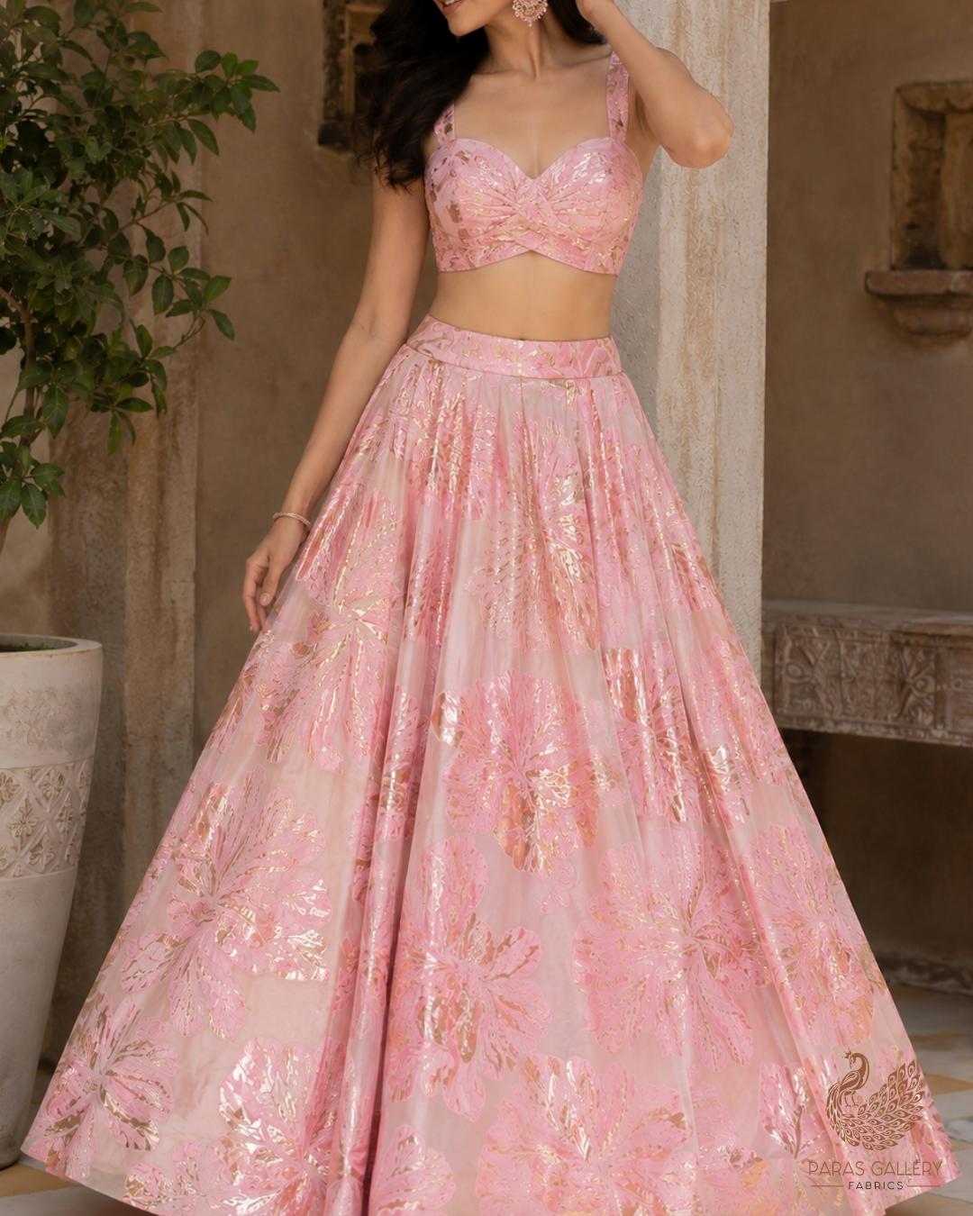 Peach Pink Imported Jacquard Fabric With All Over Foil Work 24179