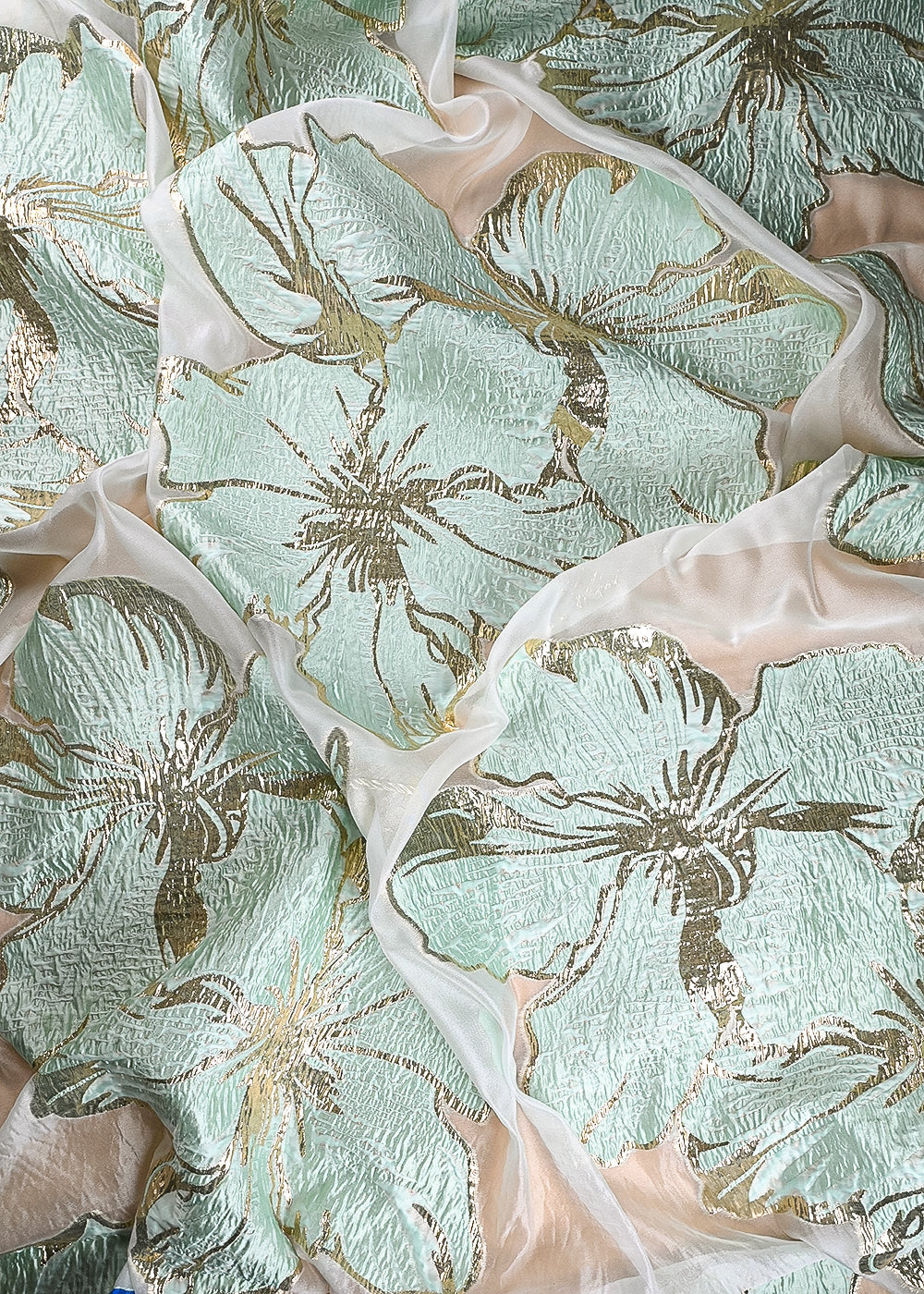 Mint Green Imported Jacquard Fabric With All Over Foil Work 24180
