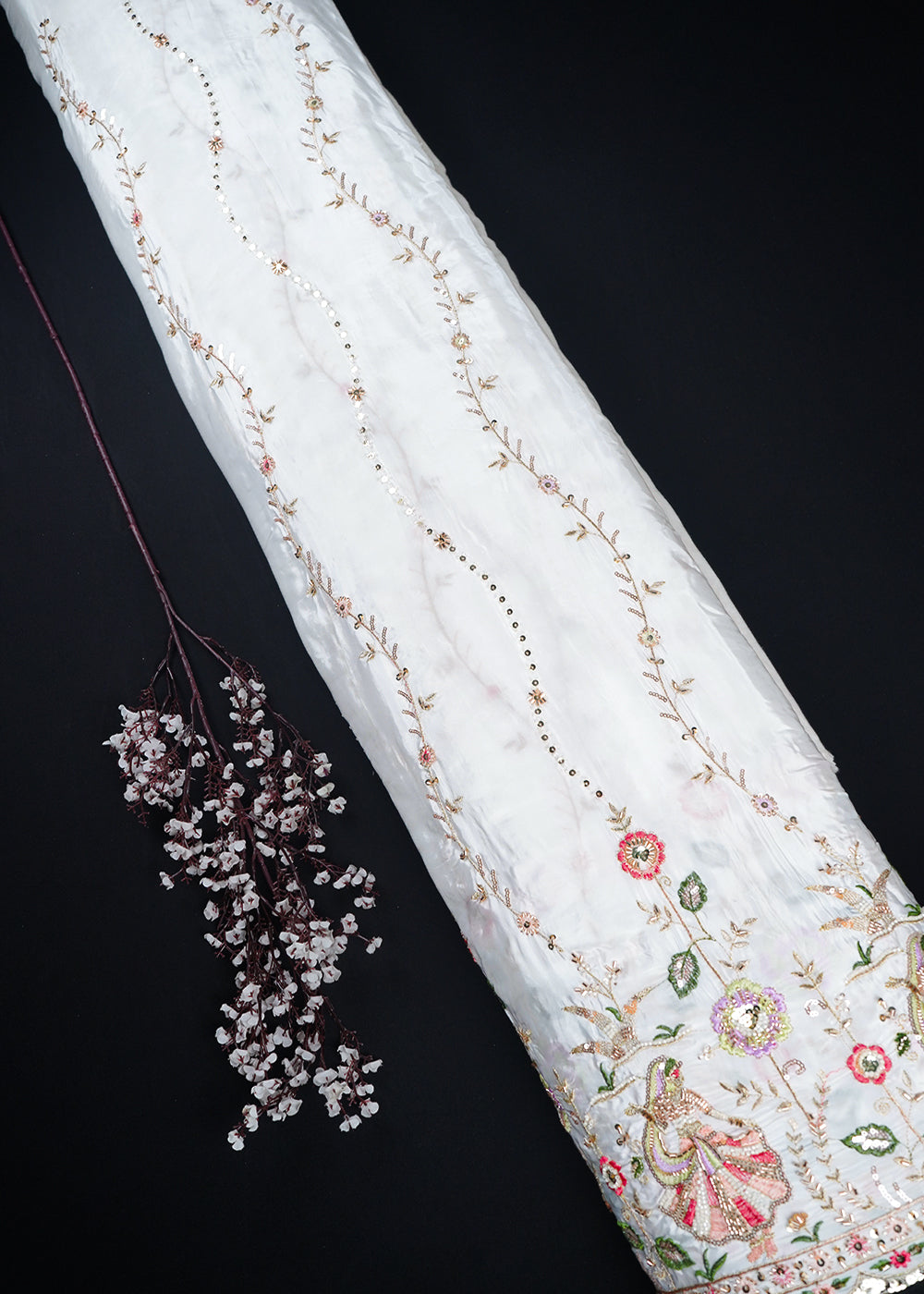 White Dyeable Crepe Fabric With All Over Thread, Zari, Sequins And Katdana Work With One Side Border 24184