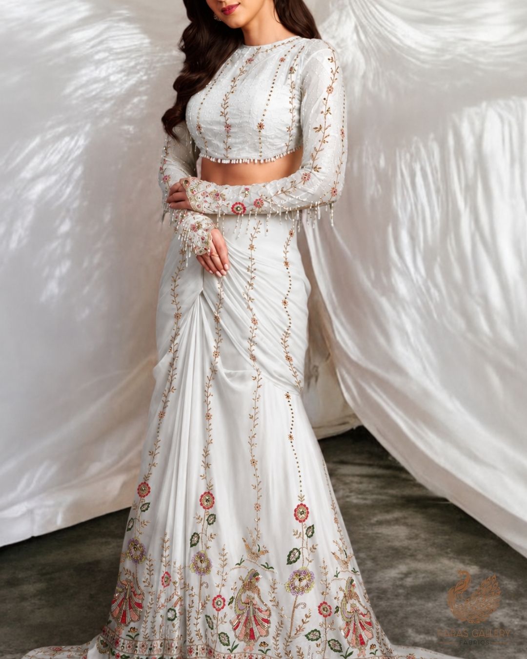 White Dyeable Crepe Fabric With All Over Thread, Zari, Sequins And Katdana Work With One Side Border 24184