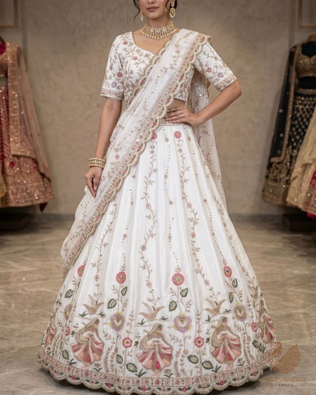 White Dyeable Crepe Fabric With All Over Thread, Zari, Sequins And Katdana Work With One Side Border 24184