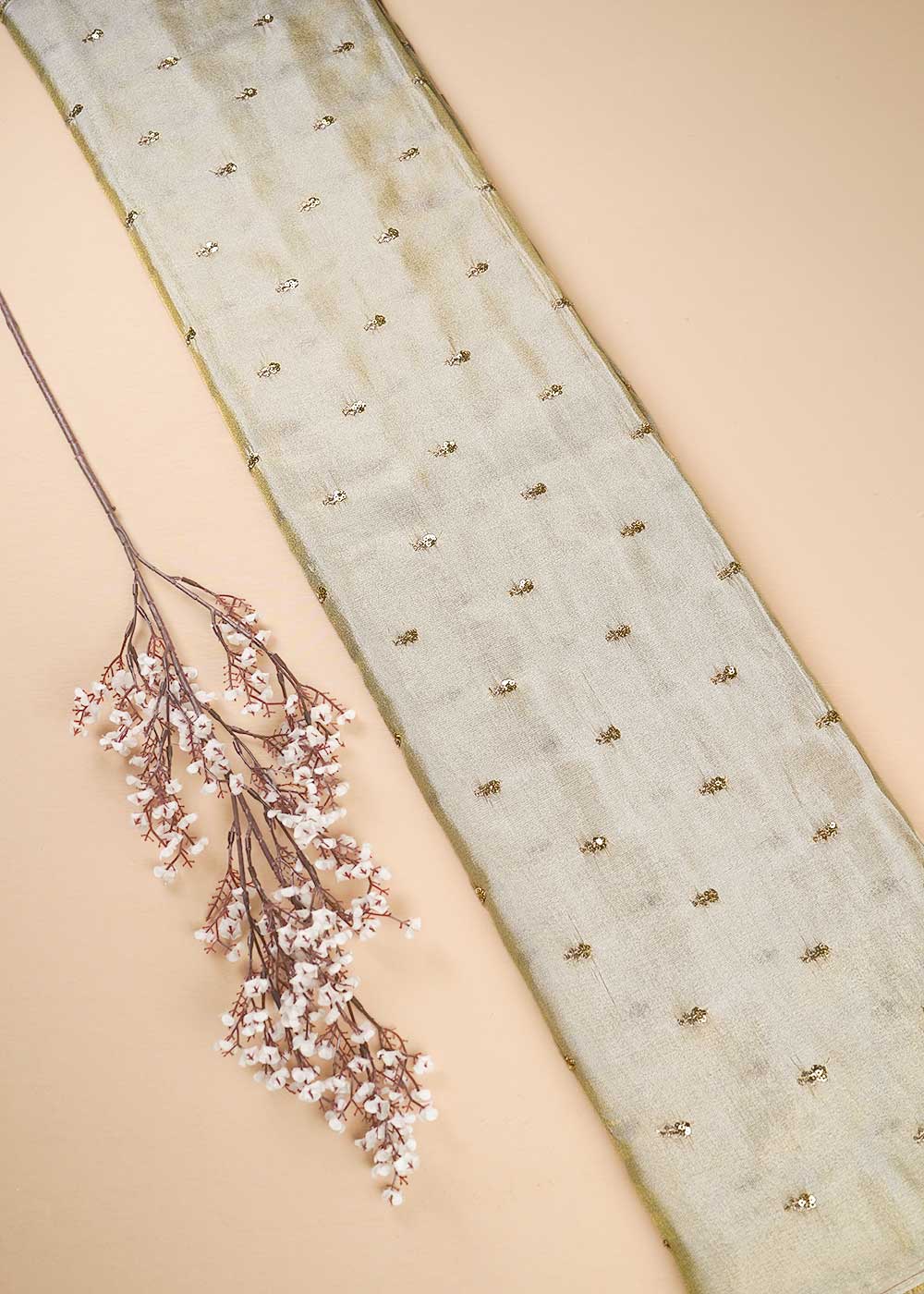 Golden Dyeable Tissue Fabric With All Over Zari And Sequins Work 24187