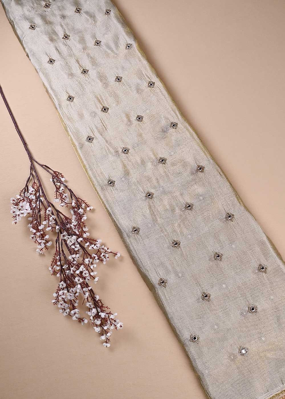 Golden Dyeable Tissue Fabric With All Over Zari, Sequins And Faux Mirror Work 24190