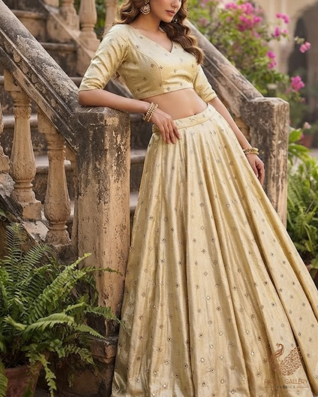 Golden Dyeable Tissue Fabric With All Over Zari, Sequins And Faux Mirror Work 24190