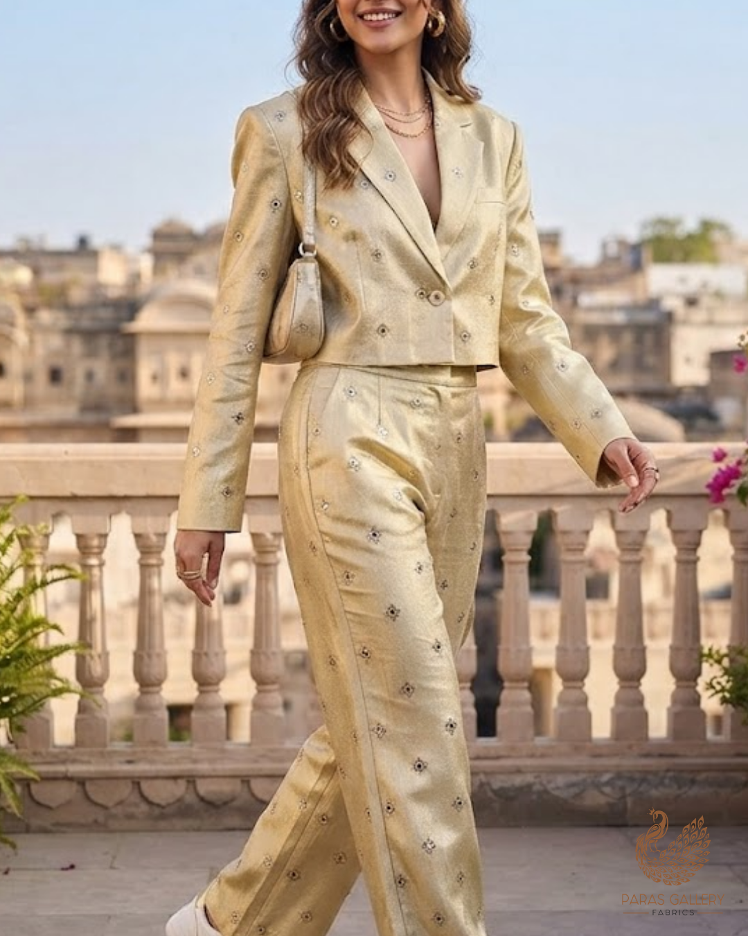 Golden Dyeable Tissue Fabric With All Over Zari, Sequins And Faux Mirror Work 24190