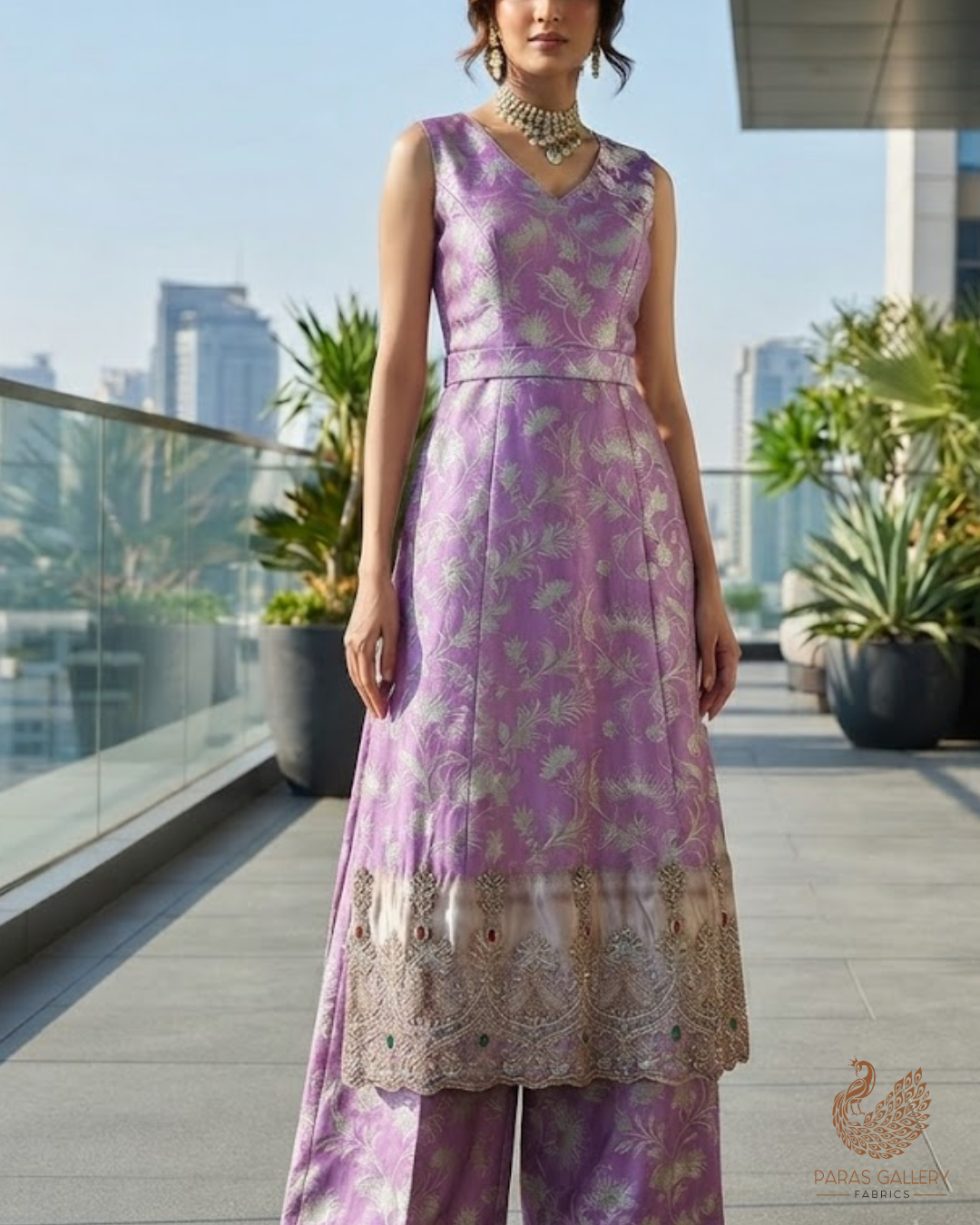 Lavender Tissue Silk Fabric With All Over Self, Zari, Sequins, Katdana And Stone Work With One Side Scalloped Border 24202