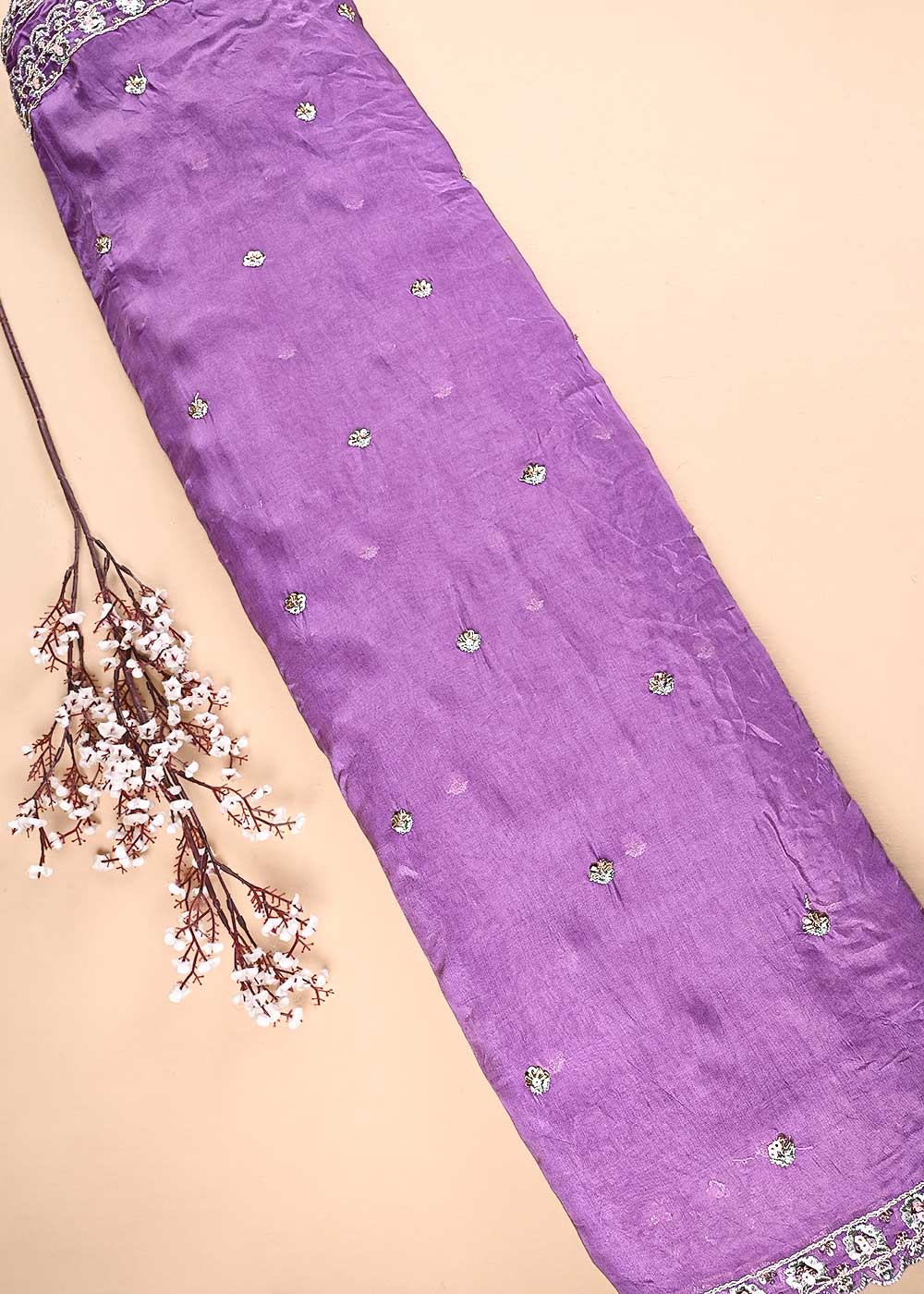 Lavender Organza Dupatta Fabric With All Over Zari, Sequins, Katdana And Bead Work With Both Side Scalloped Border 24205