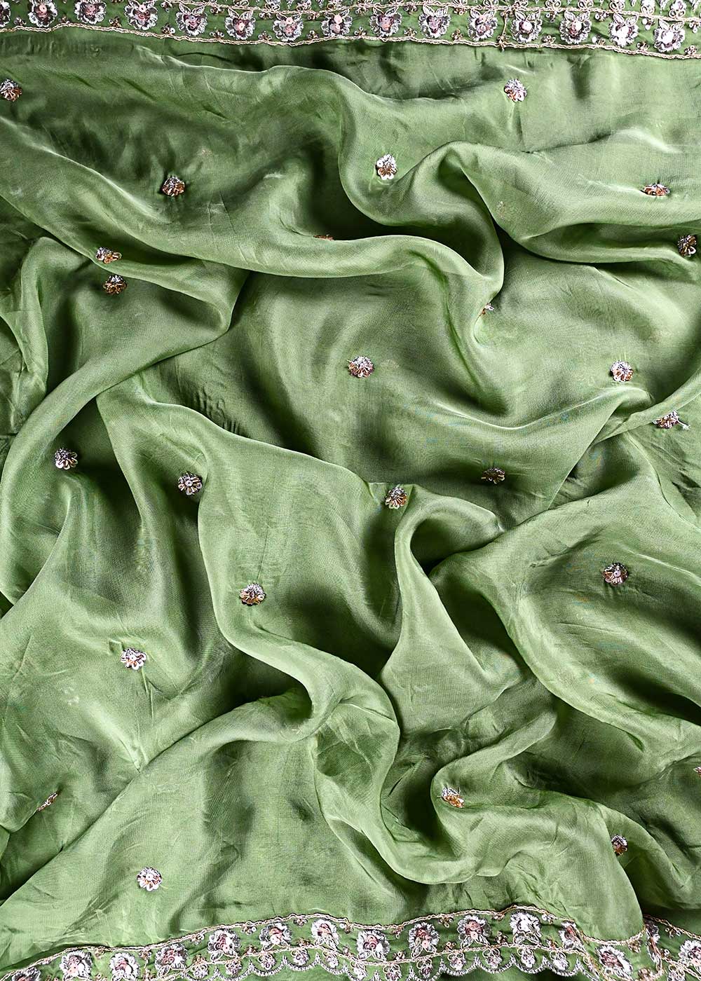 Mint Green Organza Dupatta Fabric With All Over Zari, Sequins, Katdana And Bead Work With Both Side Scalloped Border 24206