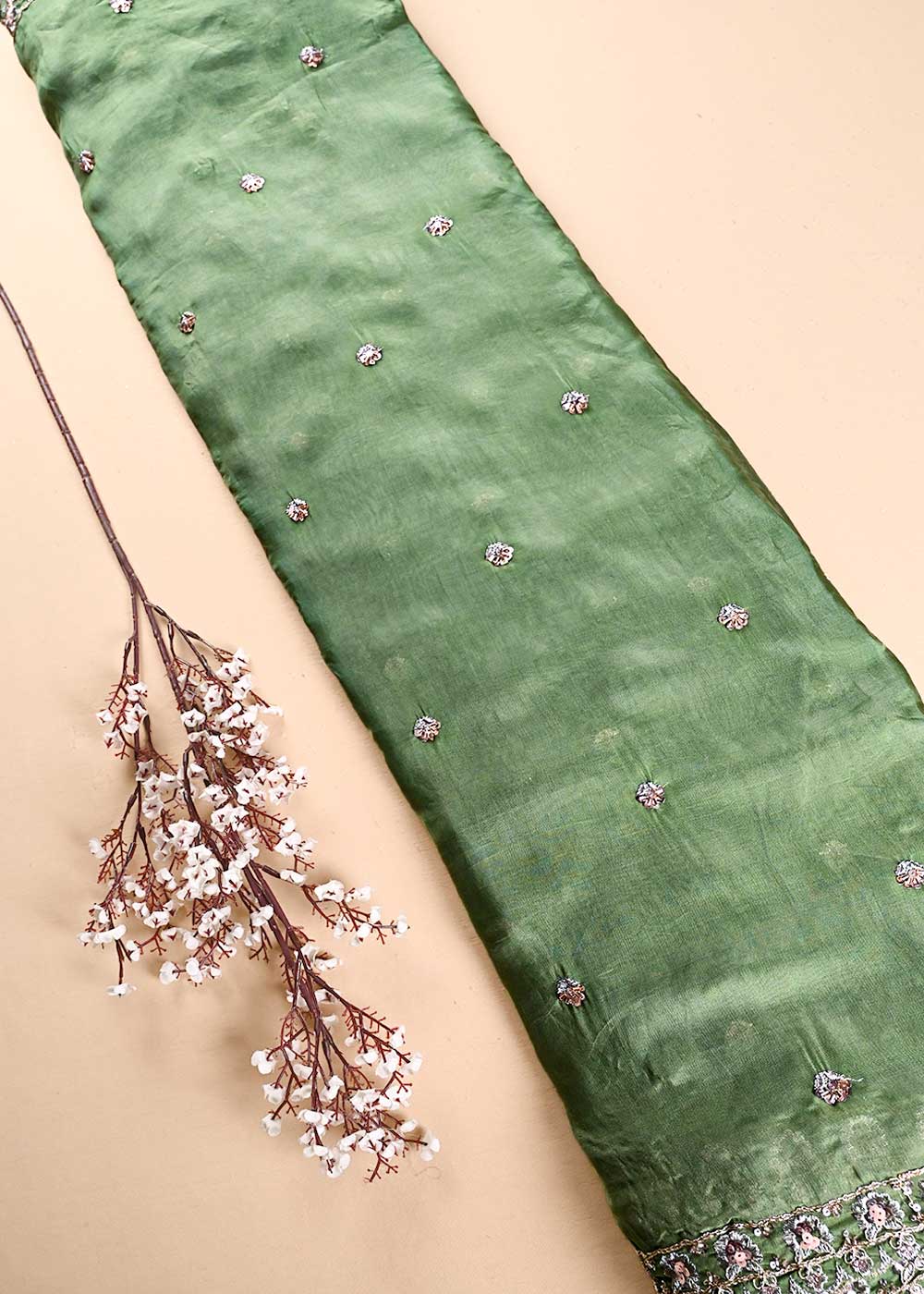 Mint Green Organza Dupatta Fabric With All Over Zari, Sequins, Katdana And Bead Work With Both Side Scalloped Border 24206