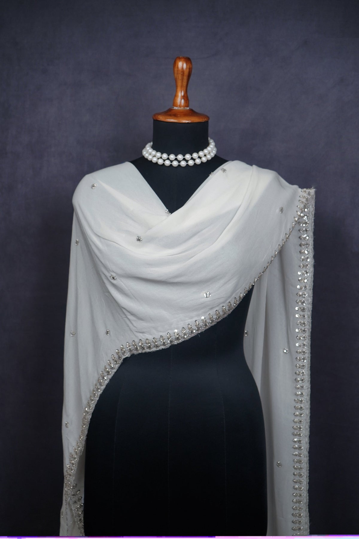 White Dyeable Georgette Dupatta All Over Silver Sequins And Katdana Work 24211