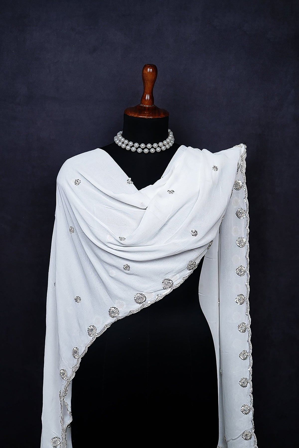 White Dyeable Georgette Dupatta All Over Silver Sequins And Katdana Work 24212