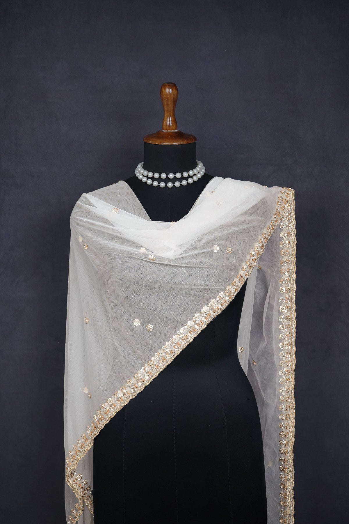 White Dyeable Net Dupatta All Over Buti Of Zari, Sequins And Katdana Work With Border 24213