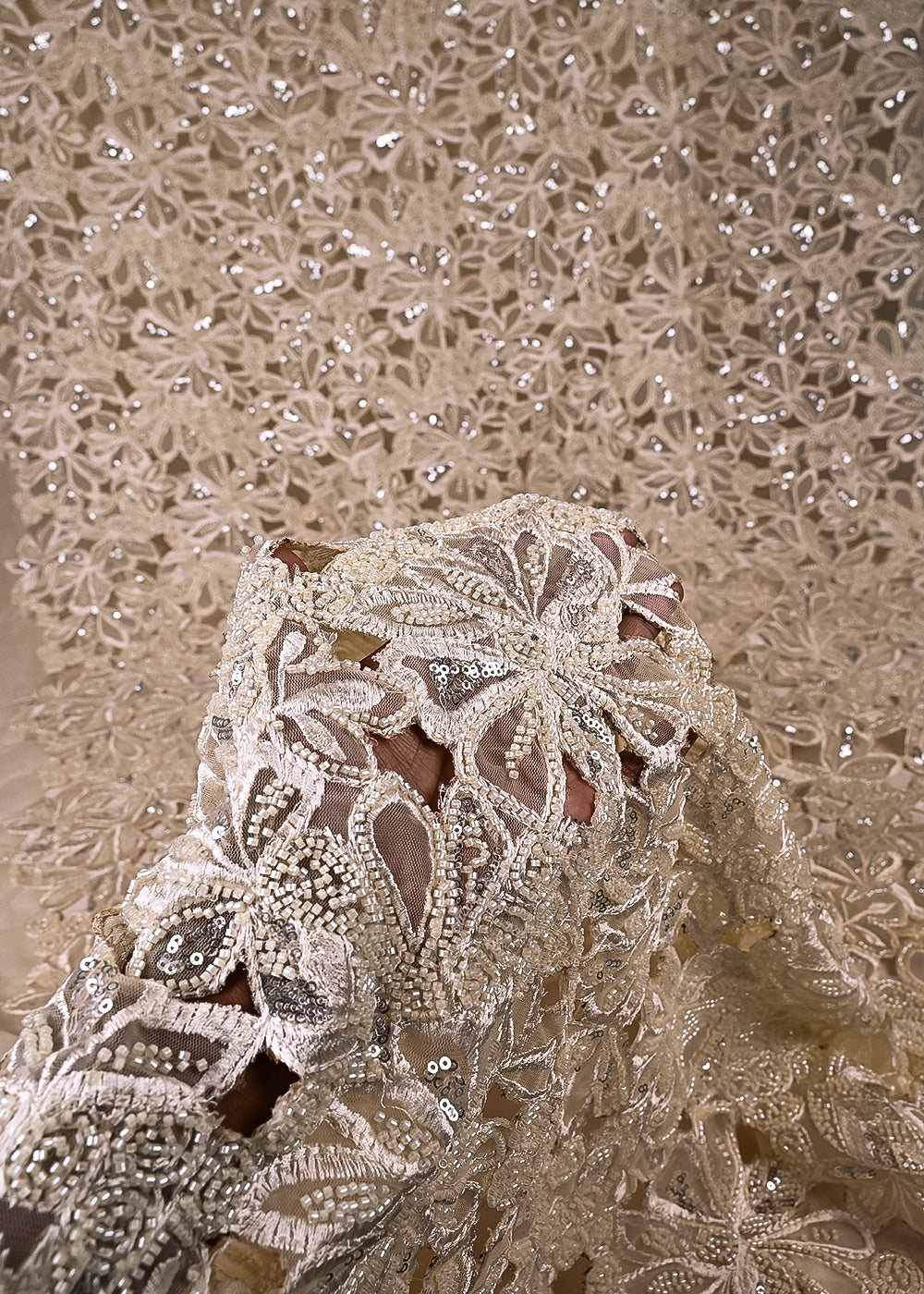 Cream Net Fabric With All Over Katdana, Sequins And Laser Cutwork 24221