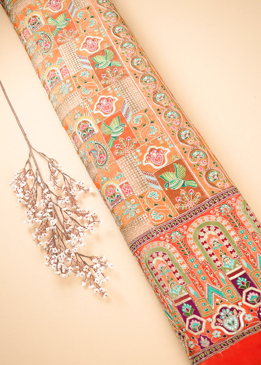 Mustard Crepe Fabric With All Over Zari And Sequins Work With One Side Border 24222