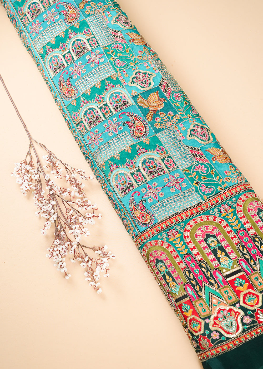 Rama Green Crepe Fabric With All Over Zari And Sequins Work With One Side Border 24223
