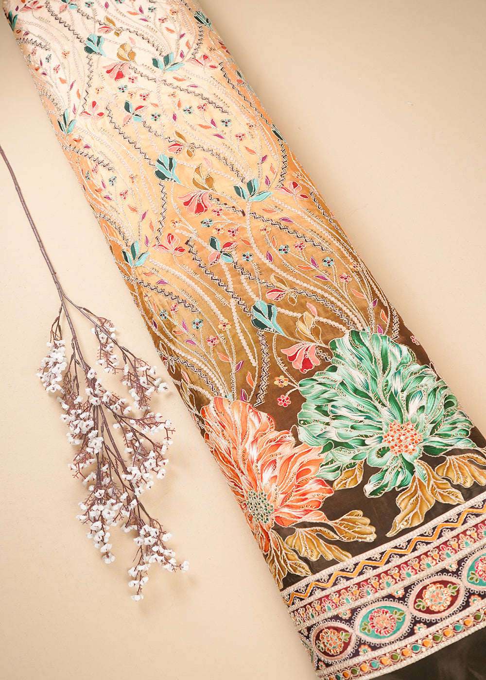 Mehendi Green Crepe Fabric With All Over Zari And Sequins Work With One Side Border 24227
