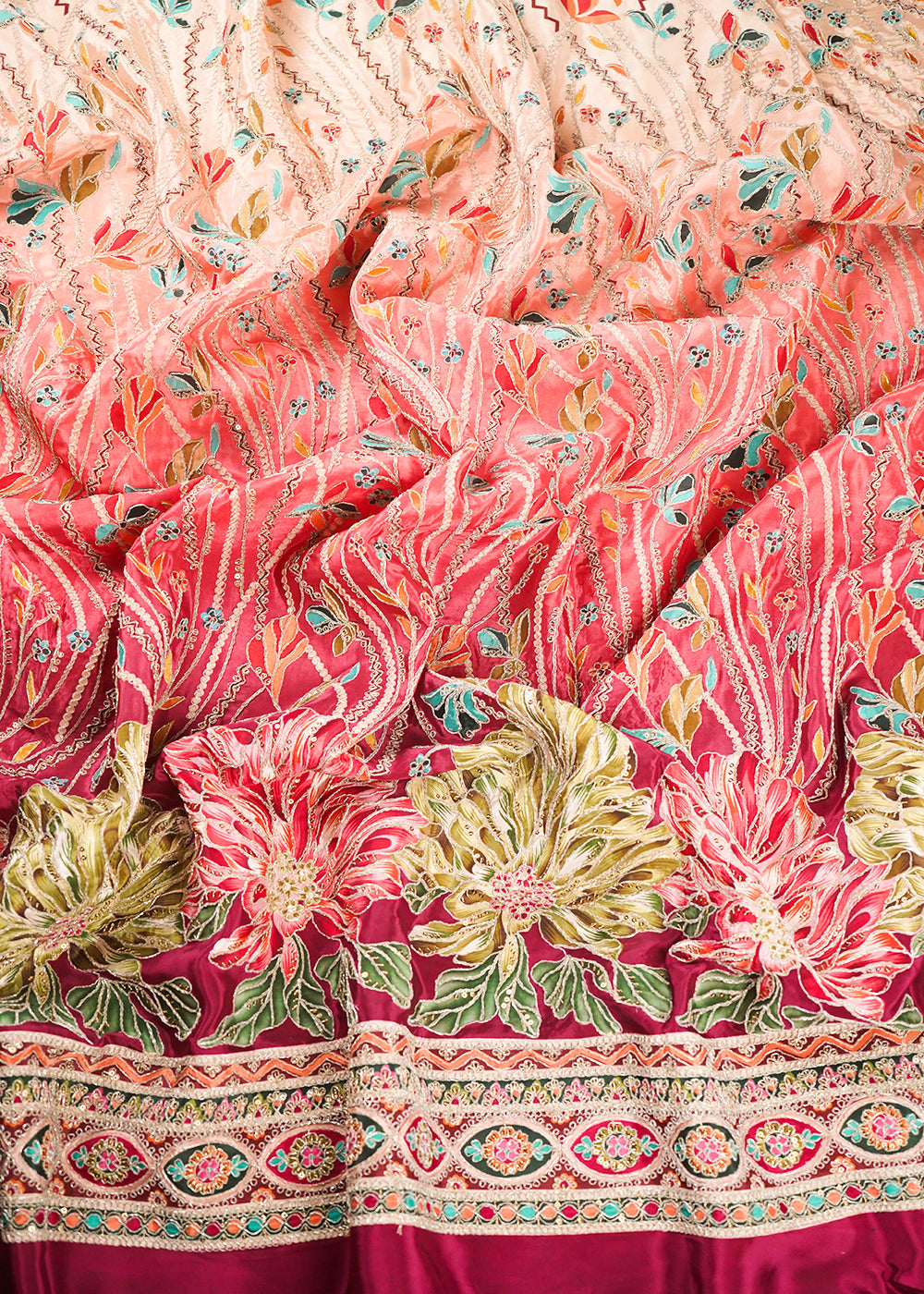Wine Crepe Fabric With All Over Zari And Sequins Work With One Side Border 24228