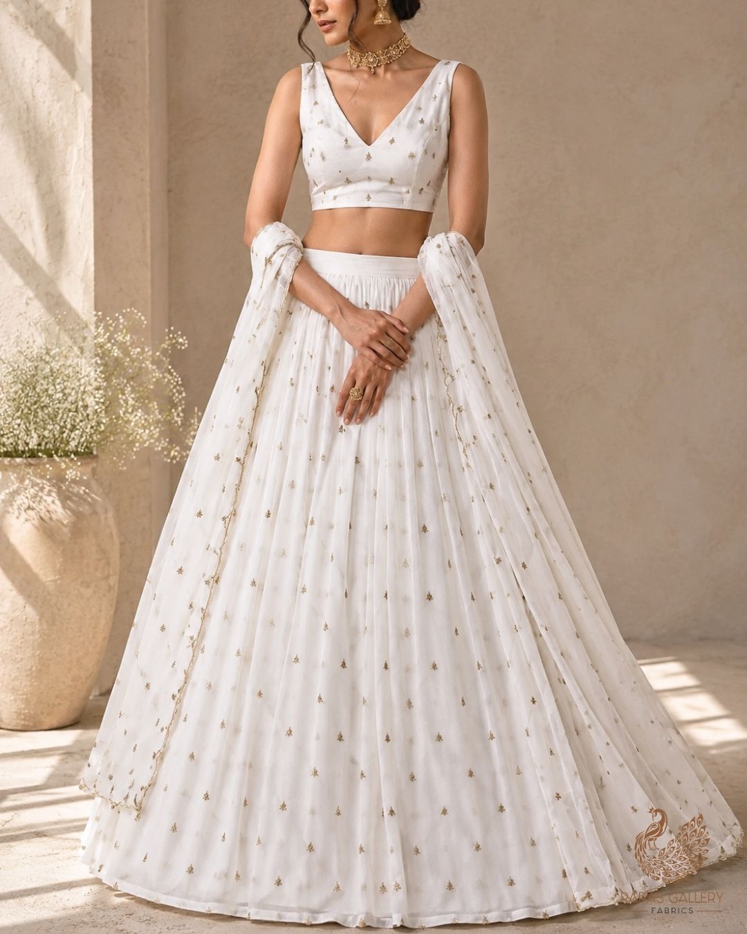 The Noor - White Dyeable Georgette Fabric With All Over Buti Of Zari And Sequins Work | 24240