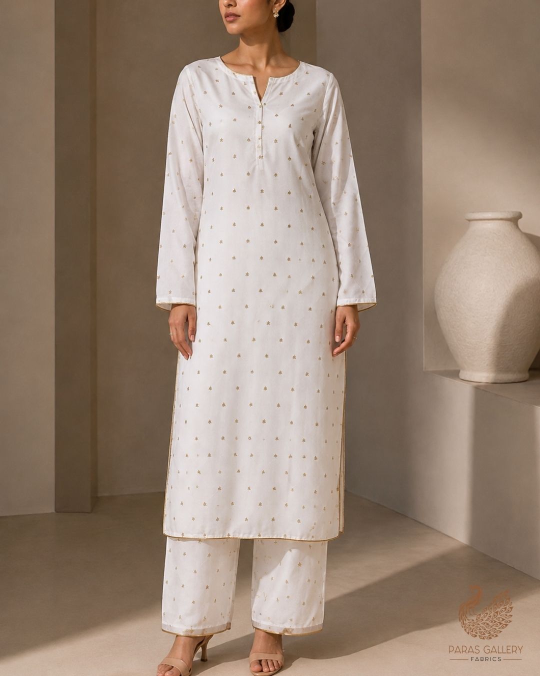The Noor - White Dyeable Georgette Fabric With All Over Buti Of Zari And Sequins Work | 24240