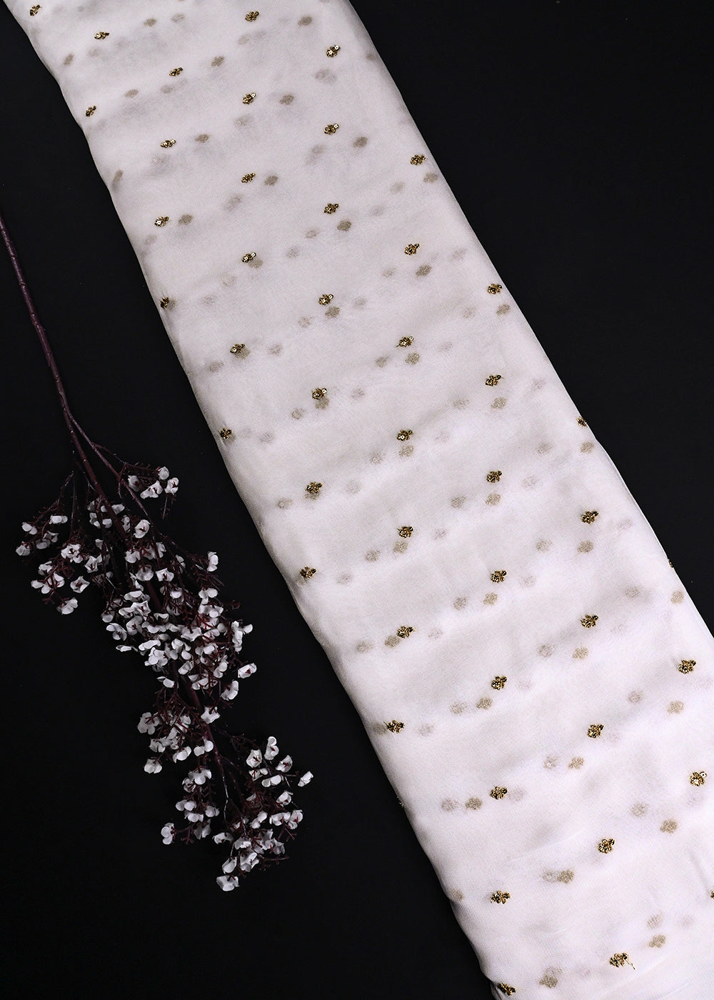 White Dyeable Georgette Fabric With All Over Buti Of Zari And Sequins Work 24242