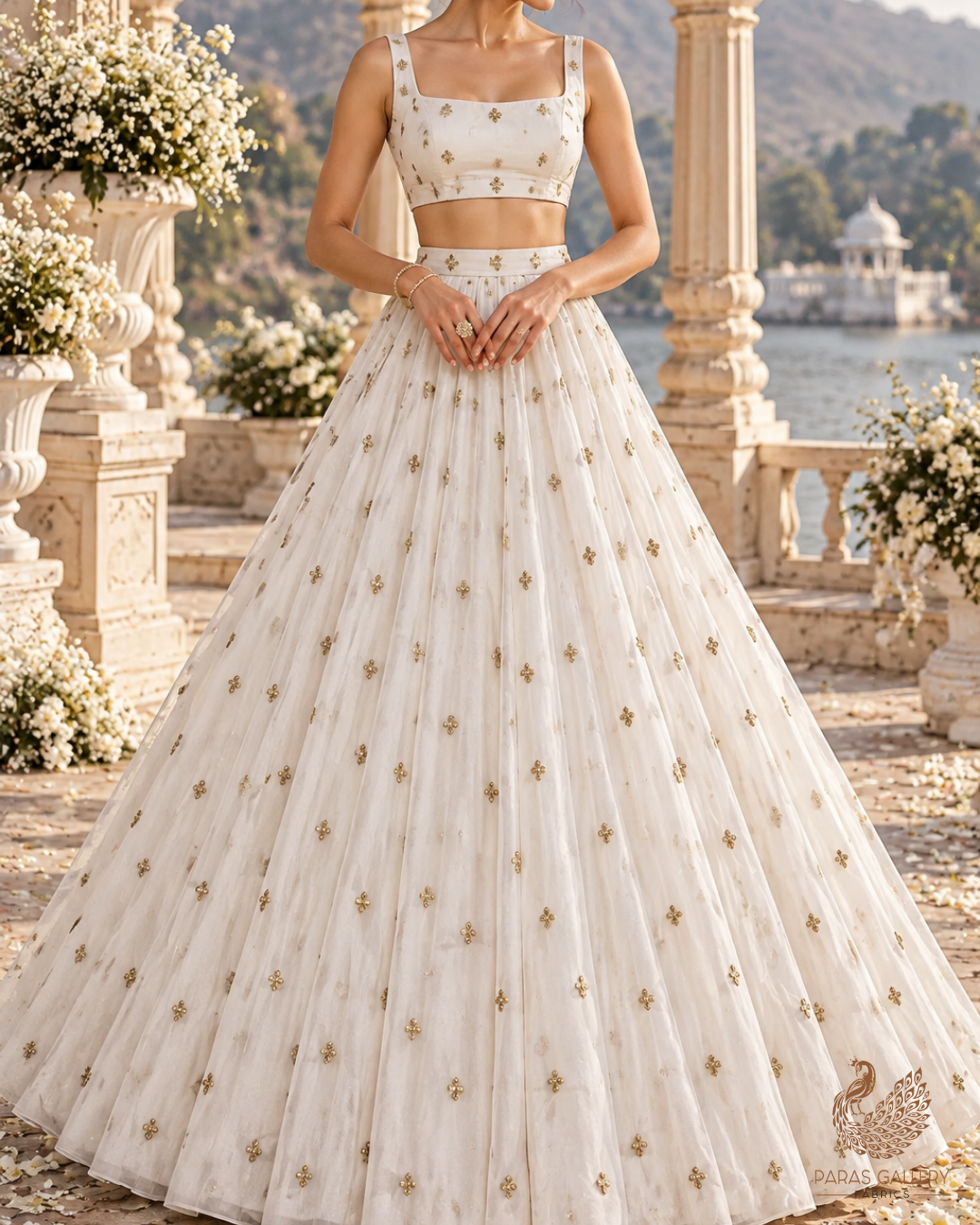 White Dyeable Georgette Fabric With All Over Buti Of Zari And Sequins Work 24242