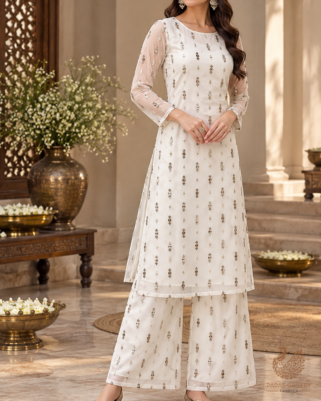 White Dyeable Georgette Fabric With All Over Buti Of Zari And Sequins Work 24245