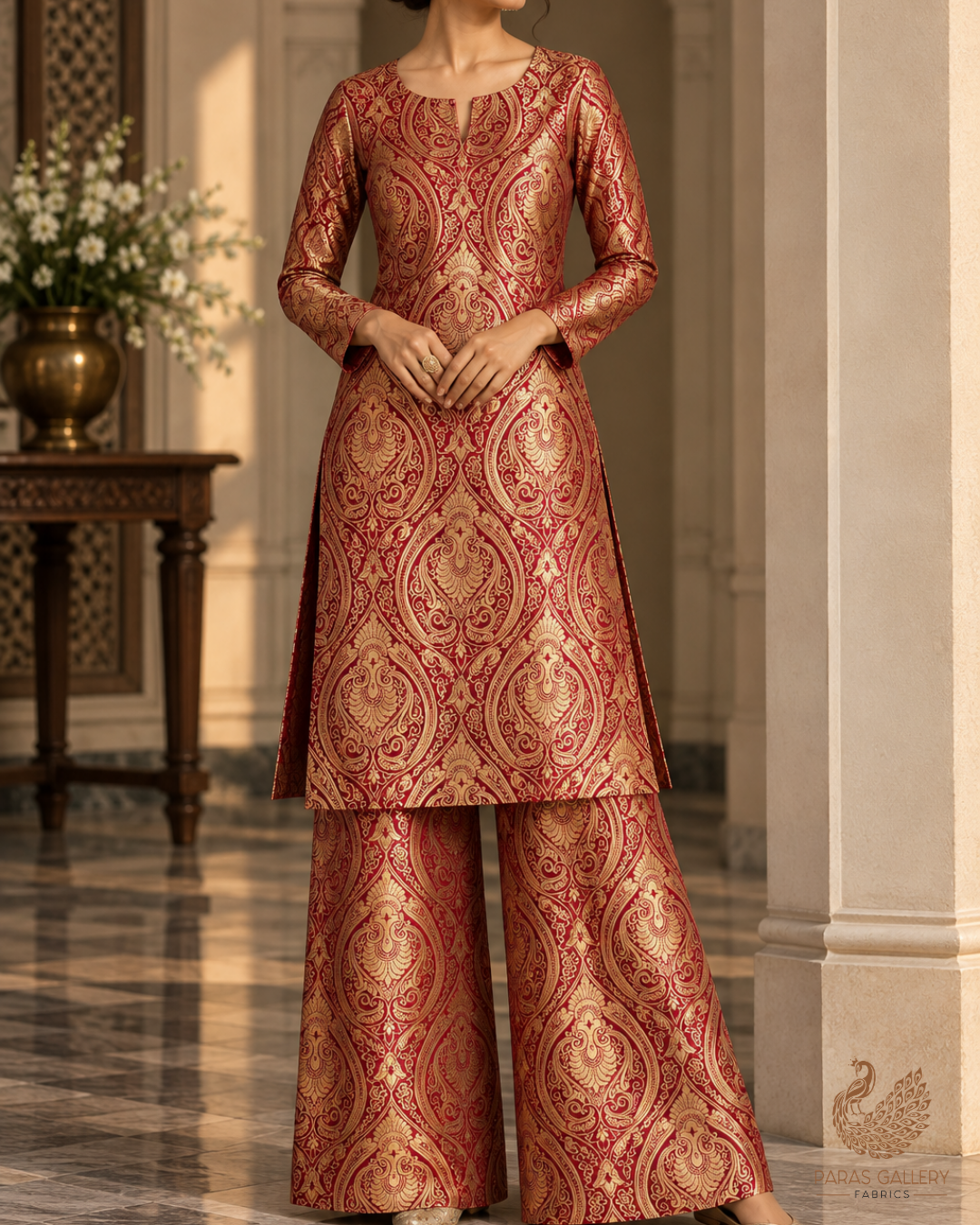 Maroon Banarasi Brocade Fabric With All Over Thread And Zari Handloom 24249